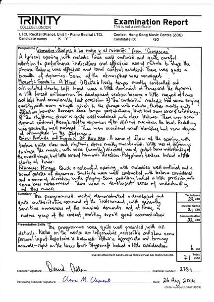 TRINITY Examination Report COLLEGE LONDON not a certificate LTCL Recital (Piano), Unit 1- Piano Recital LTCL Candidate name: Centre: Hong Kong Music Centre (286) Candidate ID So Pregranme т.mathme deo'K aste wellsudand ,wdL clev kurs. Tr.w sow 22 30 2784 26 Au 2ou Reviewing Examiner signature,text,font,black and white,line,paper