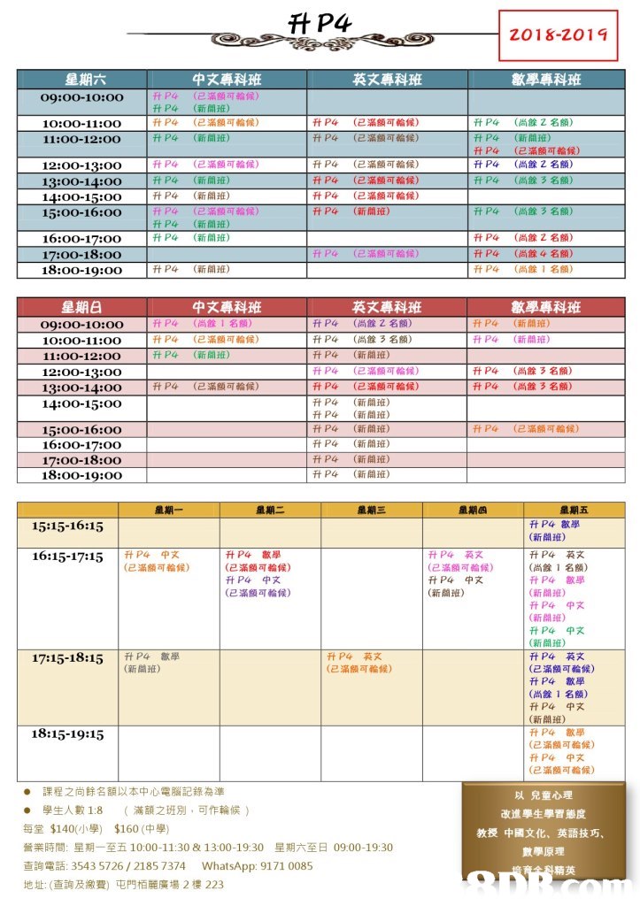 升P4 (D), 2018-2014 ㄧ 中文專科班 英文專科班 數學專科班 09:00-1o:oo ttP4 (ビ滿倒01蠣倾 (新間班) (已滿額aj輪候) (新間班) ftP4 升P4 FtP4 升P4 (已滿額可輪候) (已滿額可輪候) ftP4 升P4 升P4 升P4 升P4 (尚餘 名額) (新開班) (已滿額可輪候) (尚餘2名額) (尚餘3名額) 10:00-11:OO 11:00-12:00 ftP4 升P4 升P4 ftP4 ftP4 升P4 (已滿額可輪候) (新間班) (新聞班) (已滿額可輪候) (新聞班) (新間班) 升P4 升P4 Ft P4 P4 (已滿額可輪候) (已滿額可輪候) (已滿額可輪候) (新間班) 12:00-13:00 13:00-14:00 15:00-16:00 升P4 (尚餘3名額) 16:00-17:oo 17:00-18:00 18:00-19:00 ftP4 升P4 FtP4 (尚餘2名額) (尚餘4名額) (尚餘1名額) ft P4 (已滿顔司輪候) P4 (新聞班) 中文專科班 (尚餘1名額) (已滿額可輪候) 英文專科班 (尚餘2名額) (尚餘3名額) (新開班) (已滿額可輪候) (已滿額可輪候) (新間班) (新間班) (新間班) (新開班) (新開班) (新開班) 升P4 升P4 升P4 升P4 數學專科班 (新顔班) (新間班) 09:00-10:00 10:o0-11:oo 11:00-12:00 12:00-13:00 13:00-14:00 14:00-15:0o ftP4 升P4 升P4 P4 升P4 升P4 升P4 ftP4 ftP4 升P4 升P4 Ft P4 (尚餘3名額) 升P4 (已滿額可輪候) Ift P4 (尚餘3名額) 15:00-16:00 16:00-17:00 17:00-18:00 18:00-19:00 ftP4 (已滿額สุ輪候) 15:15-16:15 (新開班) (尚餘1名額) (新開班) 16:15-17:15 |ft P4PX 升P4 數學 (已滿額可輪候) (已滿額可輪候) (2滿額可輪候) (已滿額可輪候) (新開班) (新開班) 升P4 中文 (新開班) 升P4 英文 (已滿額可輪候) 17:15-18:15 4 (新開班) ,, (已滿80可輪候) (尚餘1名額) (新開班) (已滿額可輪候) (2滿韻司輪候) 18:15-19:15 ● 課程之尚餘名額以本中心電腦記錄為準 · 學生人數1:8 (滿額之班別,可作輪候) 每堂$140(小學) $160(中學) 營業時間:星期一至五10:00-11:30 & 13:00-19:30 星期六至日0900-1930 查詢電話: 3543 5726 / 2185 7374 WhatsApp: 9171 0085 地址: (查詢及繳費)屯門栢麗廣場2樓223 以兒童心理 改進學生學習態度 教授中國文化、英語技巧、 數學原理,text,line,font,area,product